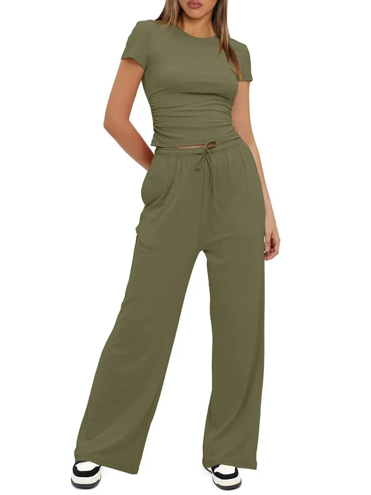 Summer Solid Loose Casual Tracksuit Women's Two Pieces Set O Neck Short Sleeves T-shirts and Wide Leg Pants Sets Sportswear Set