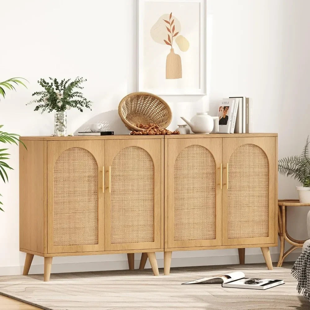 Set of 2 Rattan Storage Cabinet with Doors, Accent Bathroom Floor Cabinet, Modern Sideboard Buffet Cabinet for Living
