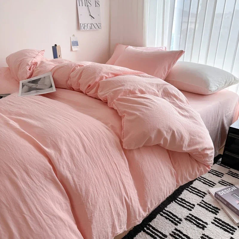 Bed Linen Solid Cotton Bedding Set, with Sheet, Duvet Cover, Pillowcases. Single Couple Bedsheet King, Queen Double Twin Size