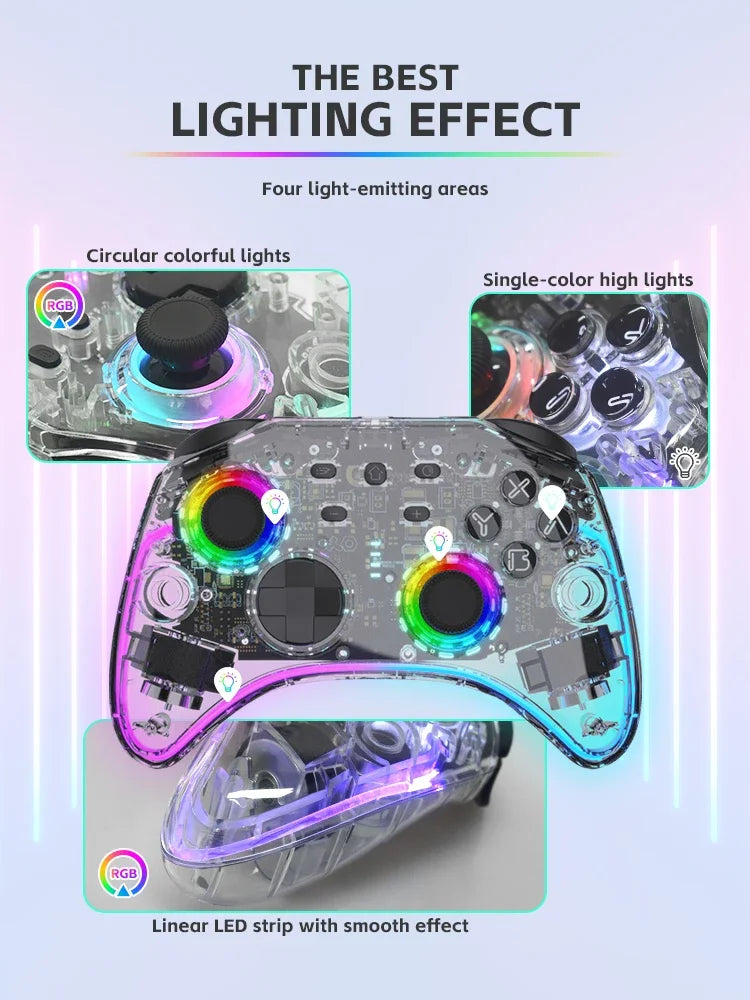 DATA FROG Transparent Wireless Gamepad RGB LED Gaming Controller With Audio Jack For Switch OLED PC Steam Deck Android Smartphon