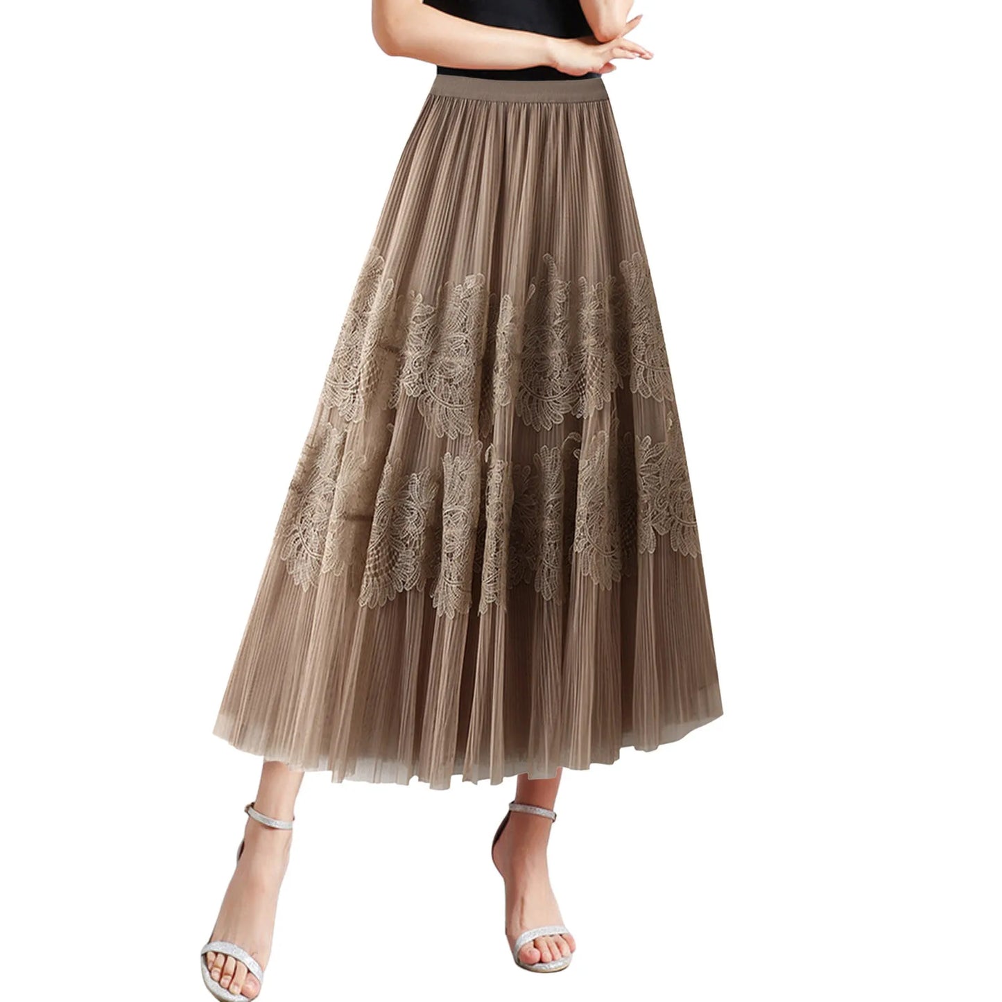 Women Mid Length Skirts Dance Party A Line High Waisted Lace Tulle Skirt Pleated Mesh Half Skirts Holiday Party Costumes