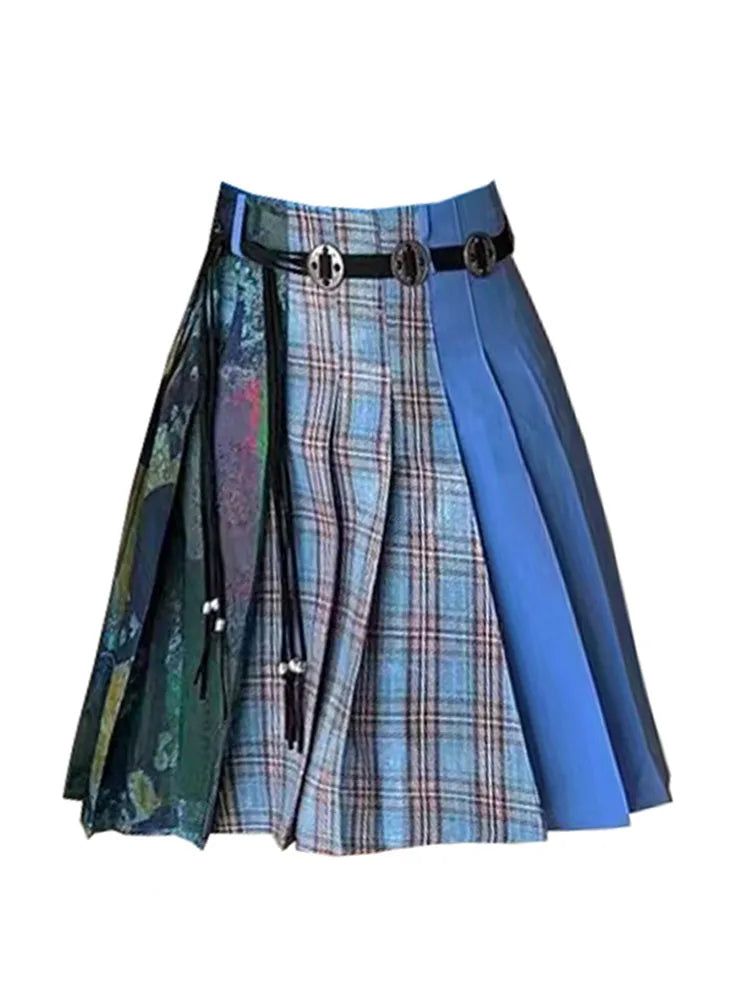 Japanese Japanese Fashion Blue Plaid Pleated Skirt Women Patchwork High Waist A-Line Skirt Harajuku Streetwear 2000s Aesthetic