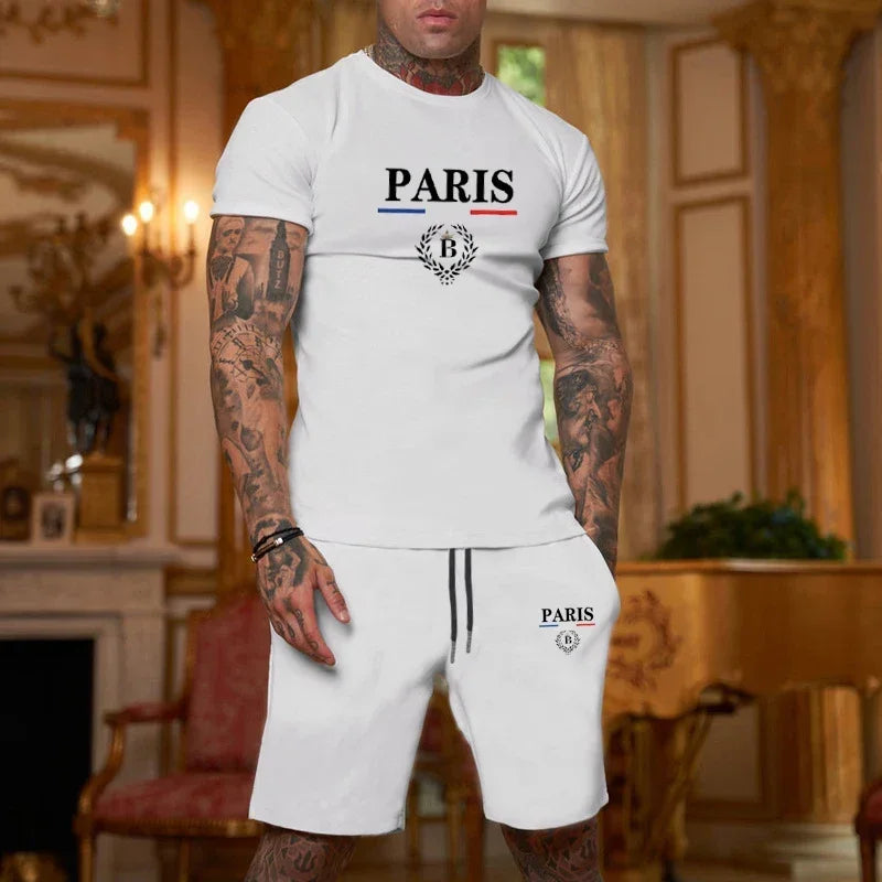 New Summer Men Fashion Short sleeved T-shirt and Shorts, 2-piece Set Sportswear  Casual Men Set.