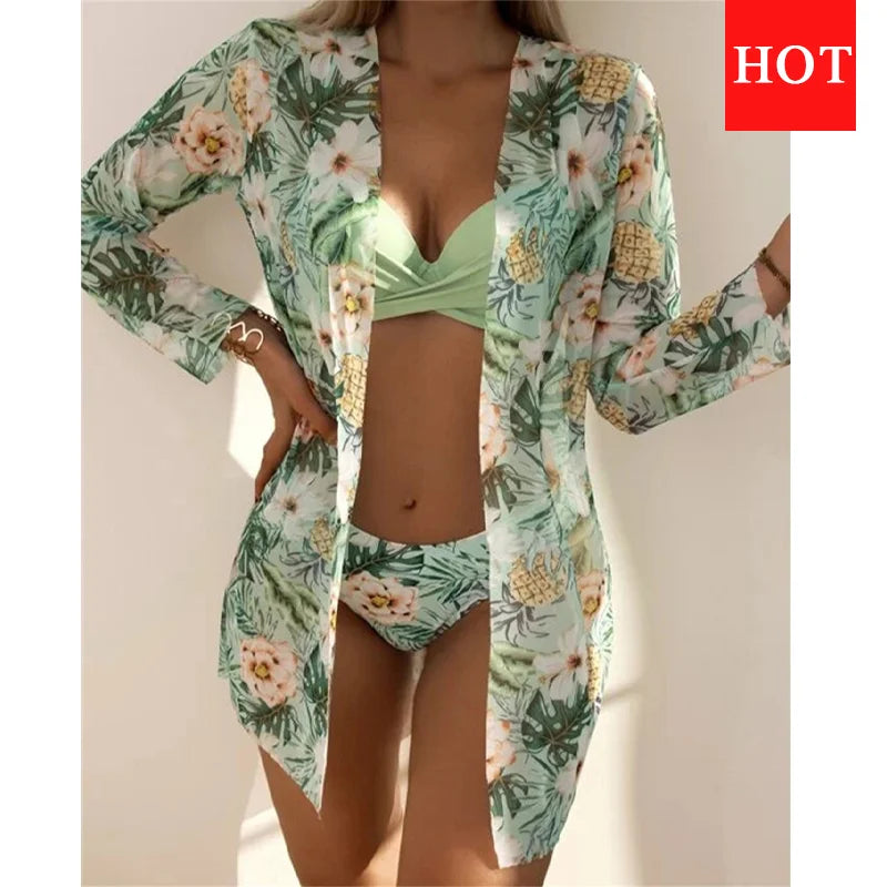 Three Pieces Bikini Set Cover Up Women New Push Up Twist Swimsuit Print Long Sleeve Swimwear Biquini Bathing Suit Summer
