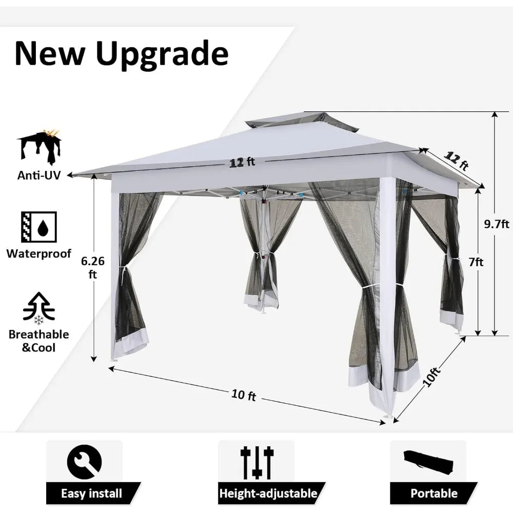 12x12 Pop Up Gazebo Canopy Tent Easy Up Outdoor Gazebo Waterproof Upgrade Portable Gazebo with Mosquito Nettings, Double Vented