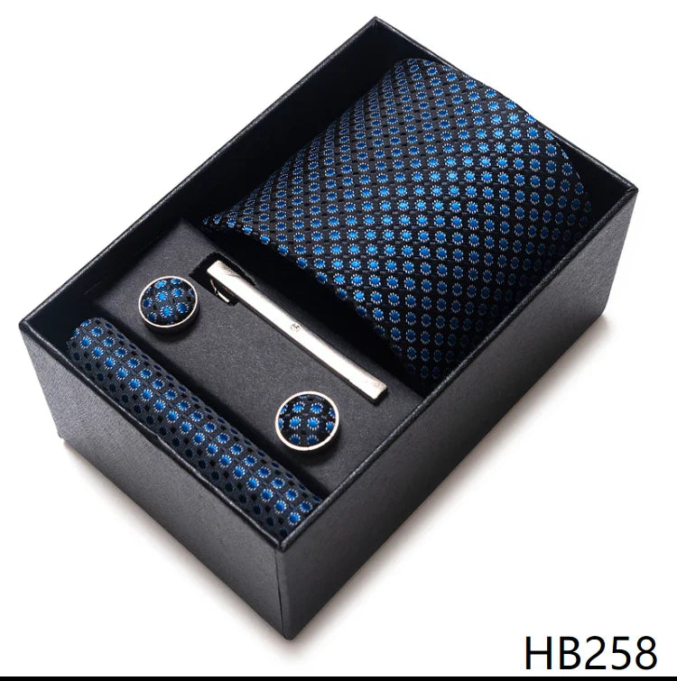 8 cm Wide Tie Sets Blue Solid Men's Neck Tie Handkerchief Cufflinks Clip Gift Silk Handmade