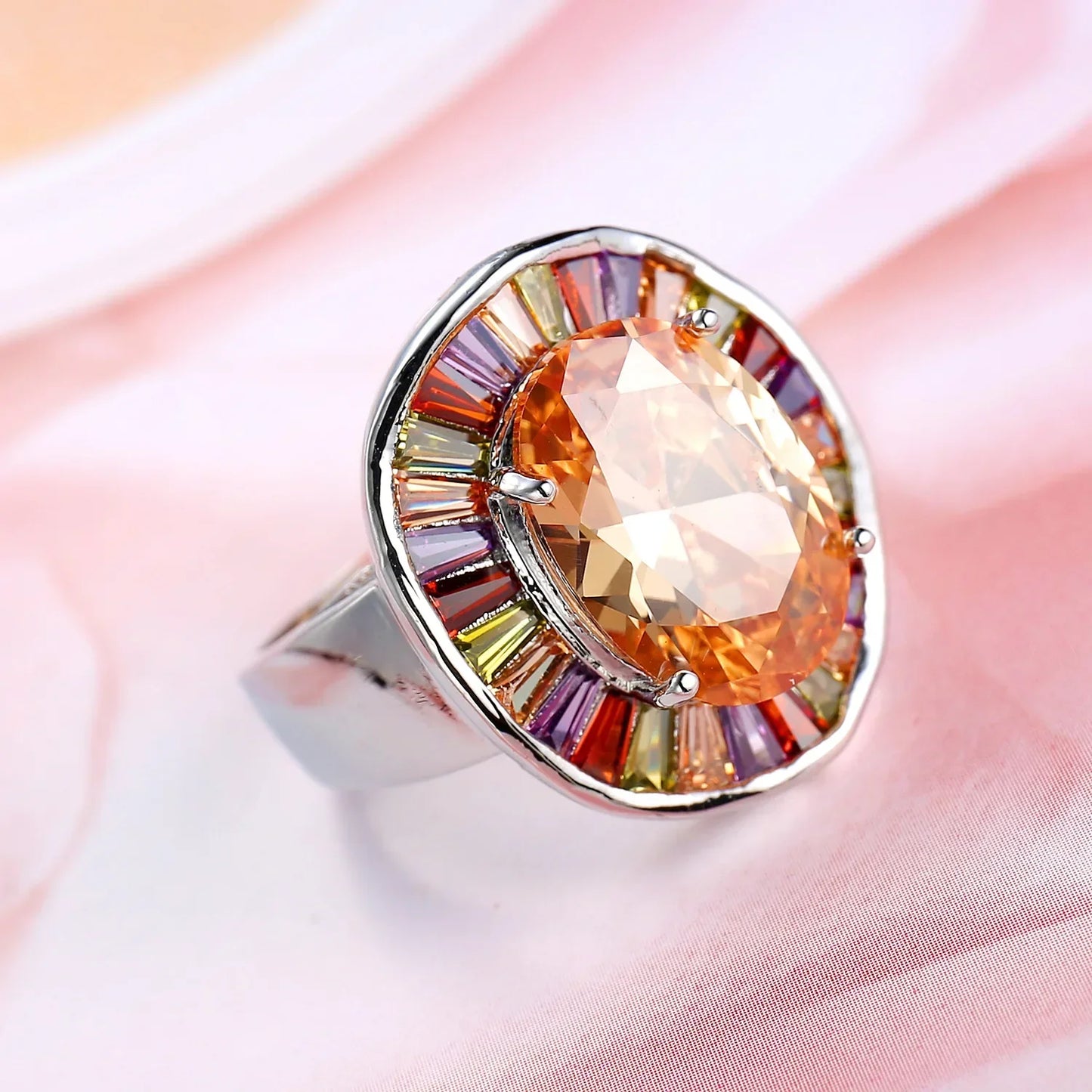 New Statement Bridal Big Round Colorful CZ Finger Silver Color Stamp Rings Champagne Cubic Zircon Jewelry for Women Party Gift