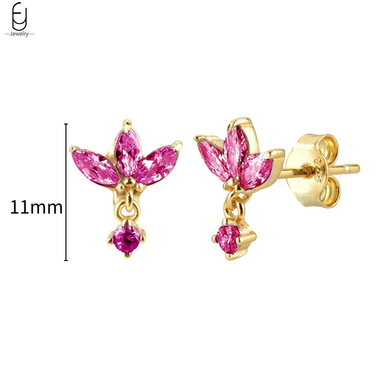 925 Sterling Silver Needle Rose Red Crystal Stud Earrings For Women Water Drop/Heart Pendant Gold Earrings Fashion Jewelry Gifts