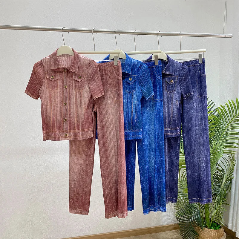 Denim Print Pleated Women's Two Pieces Set