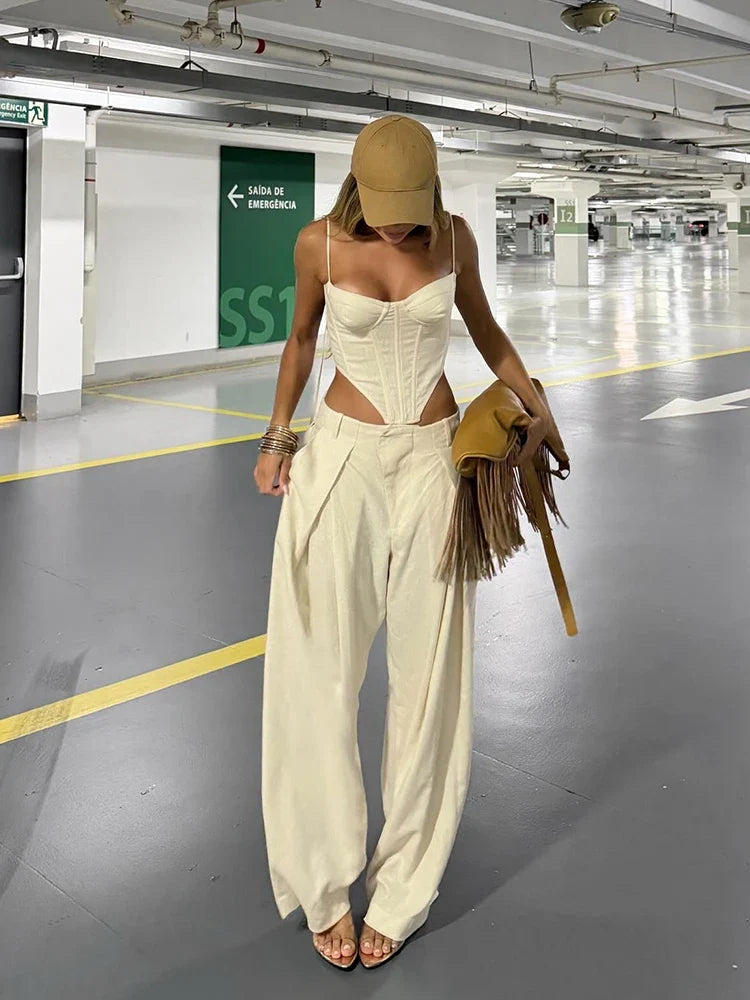 Fashion Slim Fishbone Corset Pant Set Women Sexy Slim Sleeveless Backless Crop Top Wide Leg Pants 2026 Summer Lady Solid Outfit