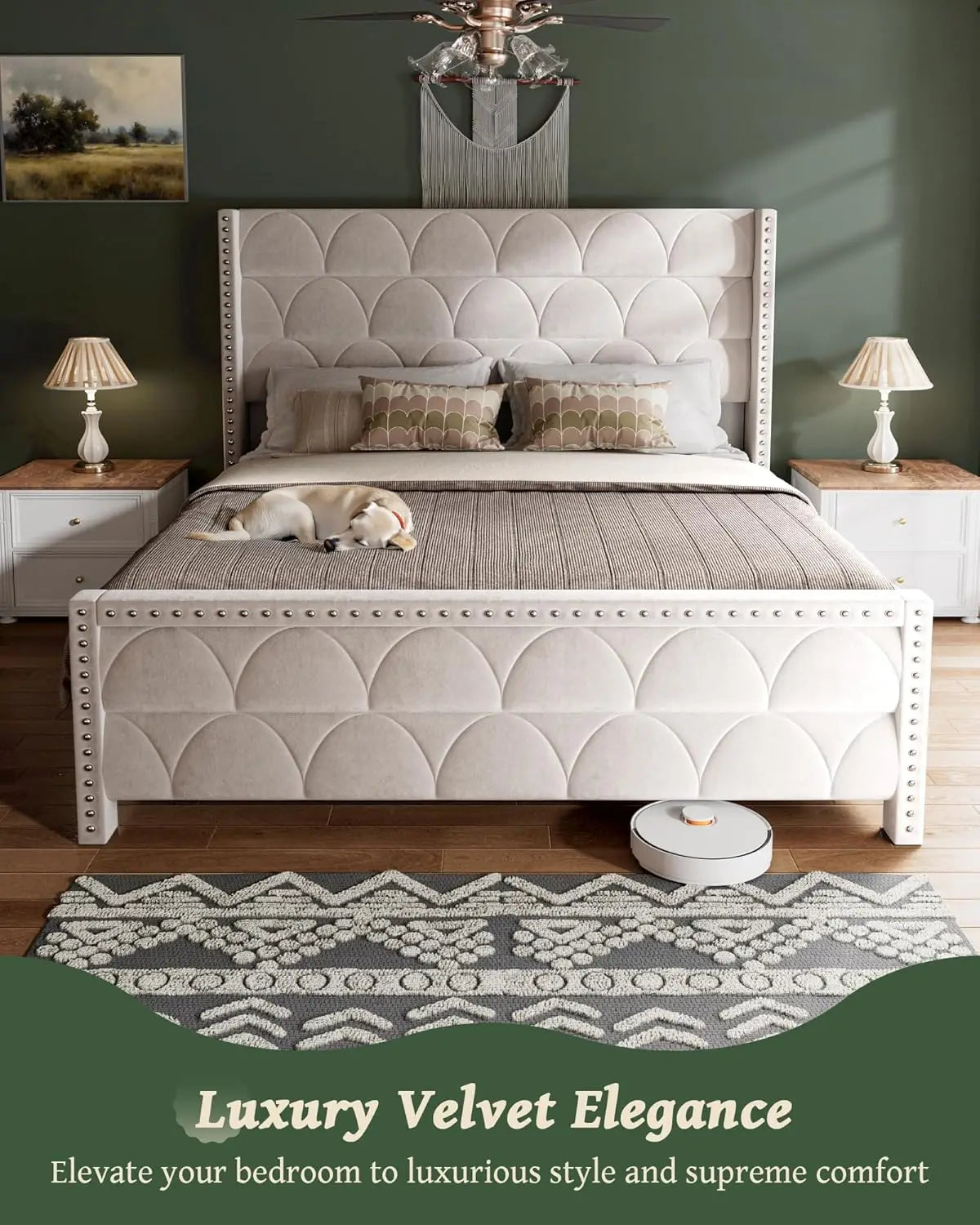 King Size Bed Frame with 56" Headboard - 1000LBS Capacity Support, Velvet Upholstered Wingback Platform Bed Frame.