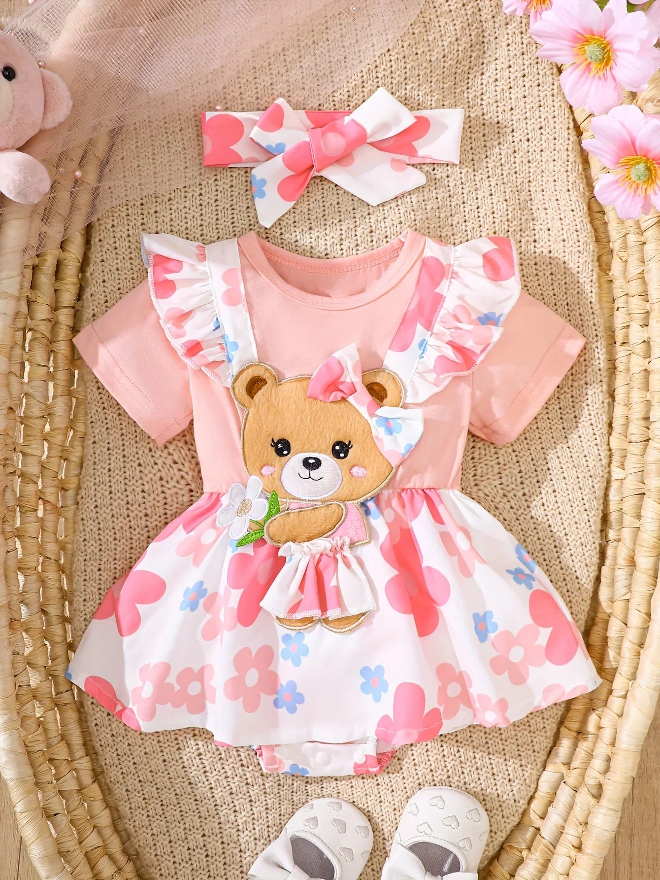 Two-Piece Set of Baby Girl Casual Dresses for Spring and Summer, Cute and Sweet Style Dresses with Cartoon Bear Patches, Floral Digital Print Patterns, Baby Girl Romper and Headband