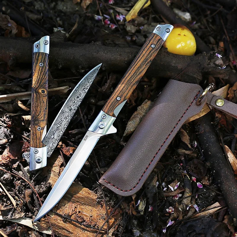 Multi-functional outdoor folding knife, high-hardness Damascus steel folding knife, portable fruit knife