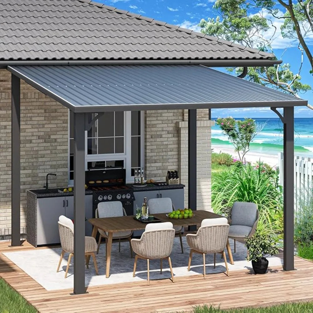 Heavy Duty Lean to Metal Pergolas and Gazebos Clearance, Wall-Mounted Grill Gazebo, 10' x 10' Hardtop Gazebo Outdoor Pergola