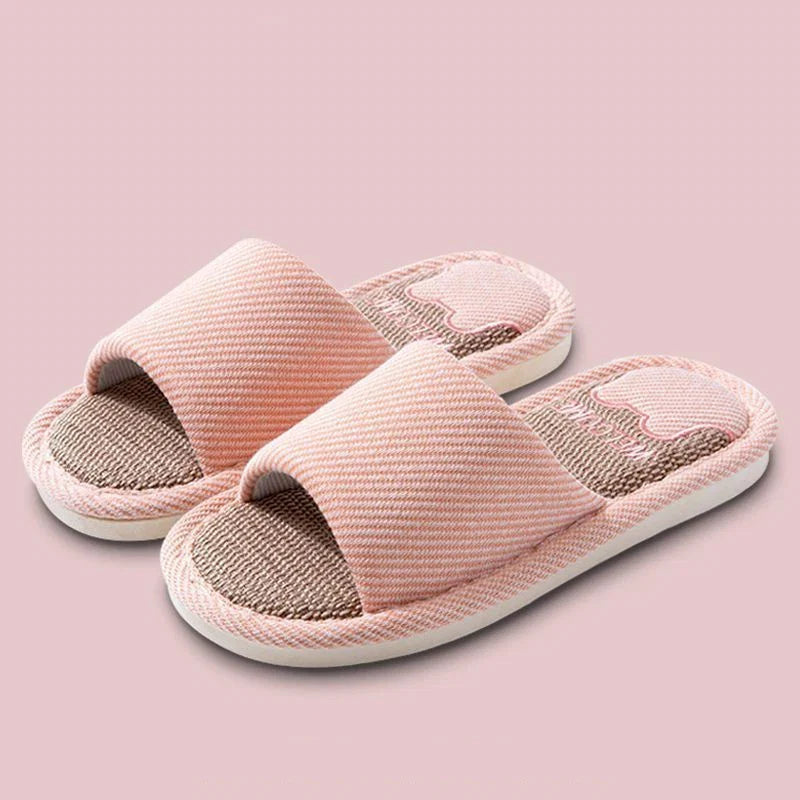 Women Linen Slippers Four Seasons Women Indoor Sandals Adults Cartoon Slides Couples Open toed Breathable Home Shoes