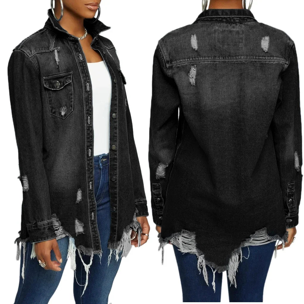 Women Jeans Jackets Spring Summer Ripped Denim Vintage Casual Denim Jacket Long Sleeve Female Chic Coat Streetwear 2024