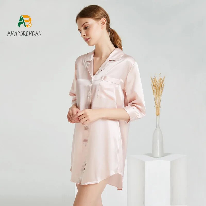 Silk Sexy Shirt Sleeping Dress Simple Solid Color Pijama Mujer Pijama Sexie Mujer Para Dormir Mulberry Silk Night Gown for Women