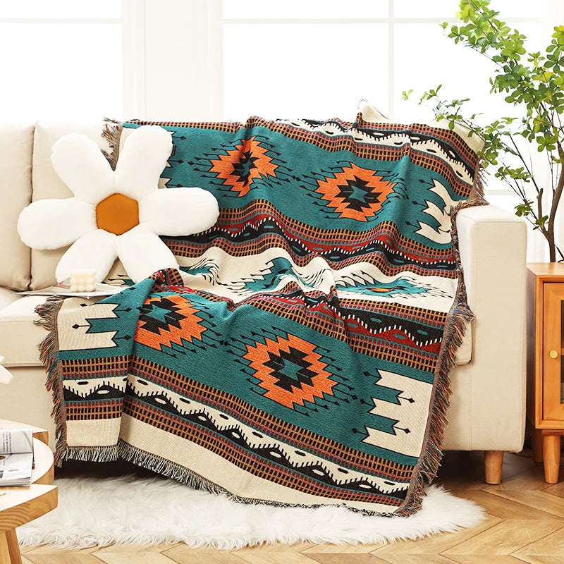 Retro Indian Style Thread Blanket Countryside Geometry Sofa Cobertor Hanging Tapestry Cotton Knitted Sofa Blanket for Bed Travel