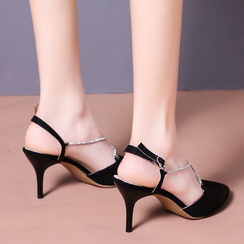 Sexy Rhinestone Buckle Garden Shoes 2022 Summer New Pointed Toe Suede Women's High Heels Fashion Black Party Banquet High Heels