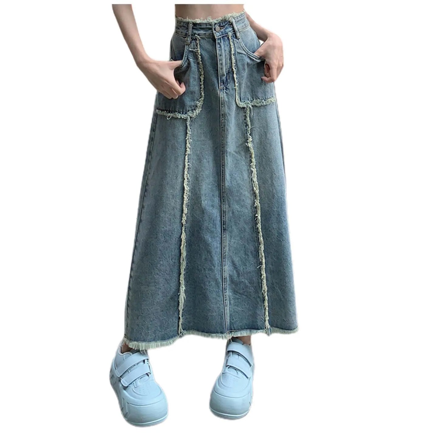 Retro High Waist Denim Skirt For Women Streetwear Y2k Korean Style Skirt Splicing Raw Edge Jeans With Pockets Large Size Skirt
