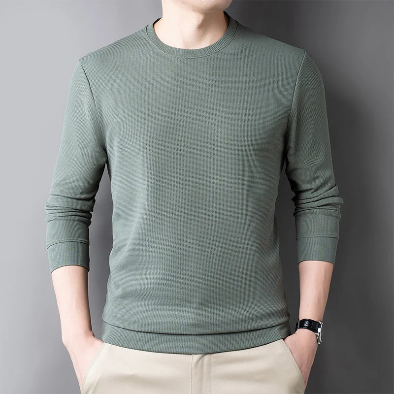 Men Casual Waffle Round Neck T-shirt Breathable, Comfortable, and Fashionable Long Sleeved T-shirt.