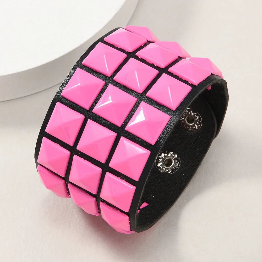 18 Color Punk Hip-Hop Three Rows of Square Rivets PU Leather Big Wide
