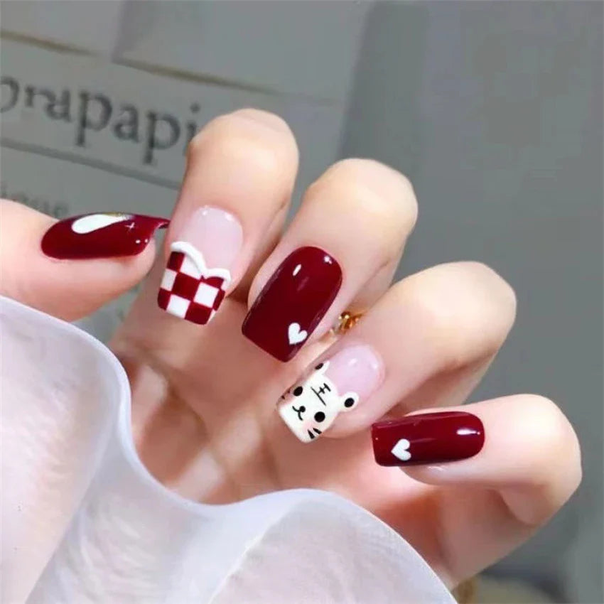 24Pcs/Set American Almond Christmas Wearing False Nails Full Coverage Press on Nails Removable Adhesive Acrylic Fake Nails Tips
