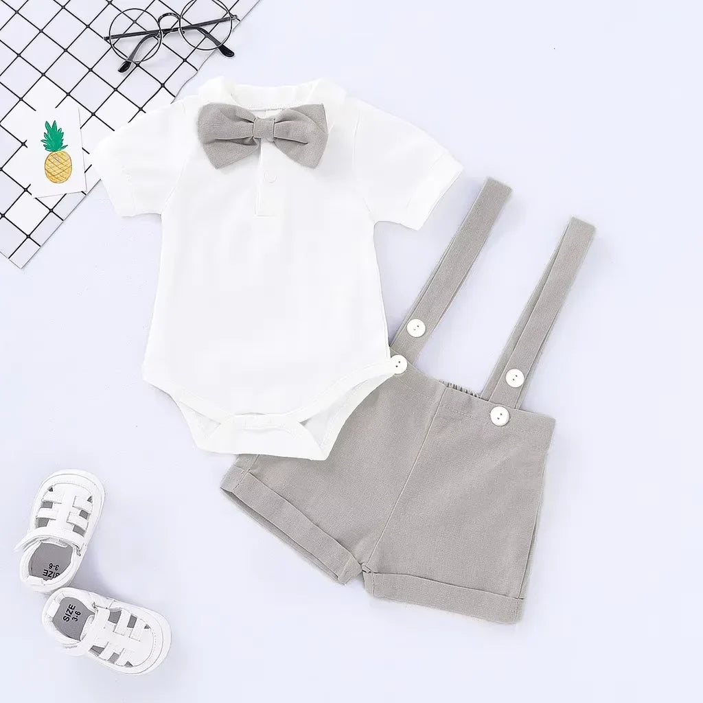 Mini Gentleman Outfit Newborn Baby Boy Formal Costumes Short Sleeve Shirt With Bow + Romper Short Pants Summer Fashion 2 Pcs Set