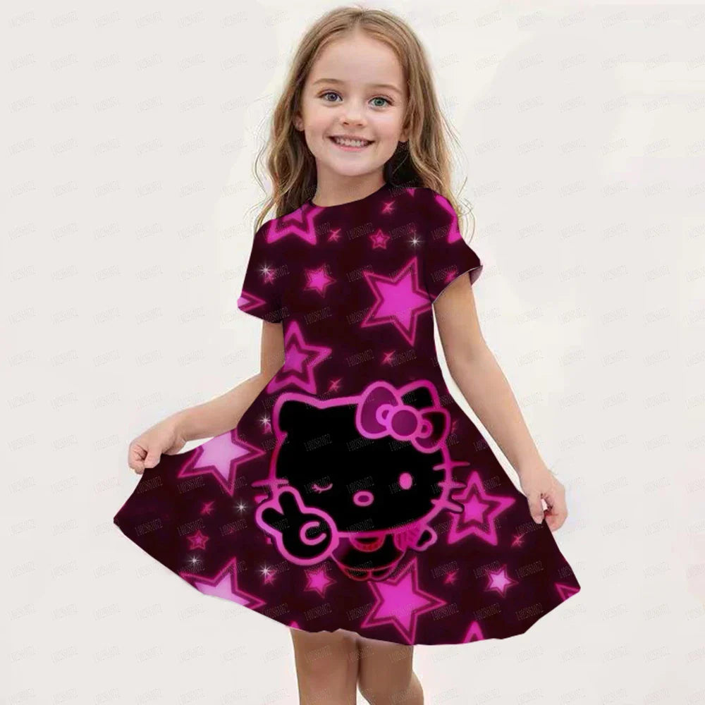 Kids Girls Clothes Kawaii Cartoon 3D Kuromi Printed Adults Party Popular Dresses Summer Short Sleeve Parent-child Clothing Dress
