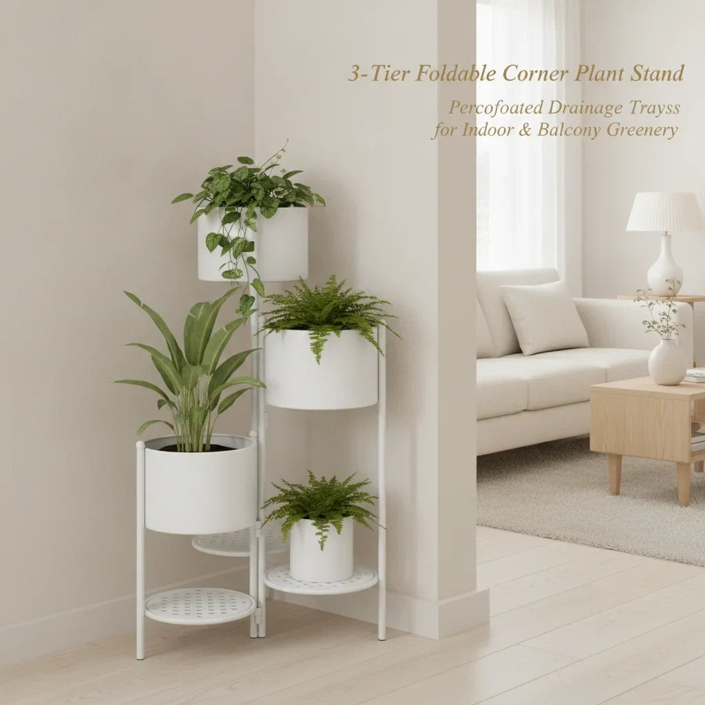 Corner Plant Stand 3-Tier, Nordic Iron Flower Pot Holder with Foldable Design, Space-Saving Ladder Plant Shelf for Indoor Outdoor, White