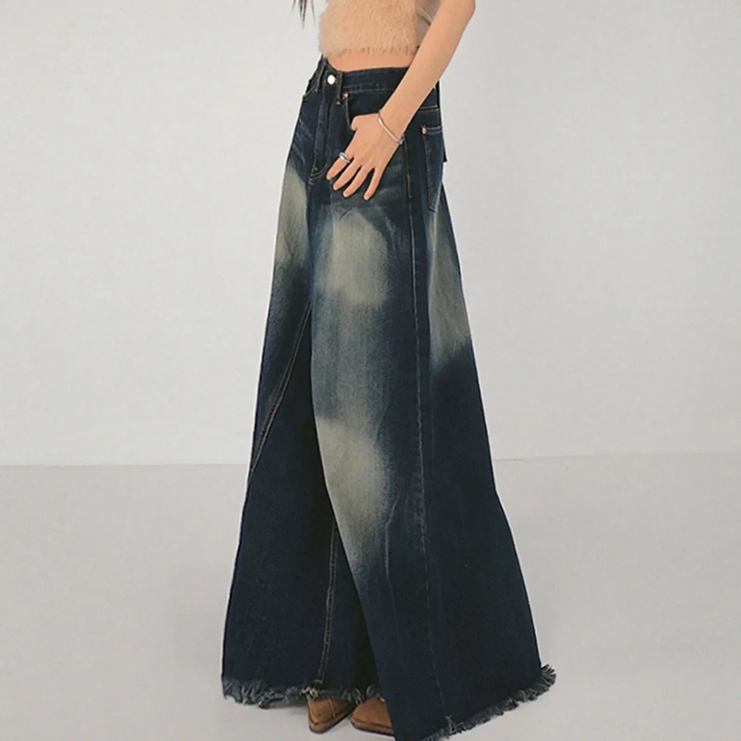 Vintage Denim Skirts For Women High Waisted Distressed Washable Blue A Line Dress High Street Style Fringe Hem Long Half Skirts