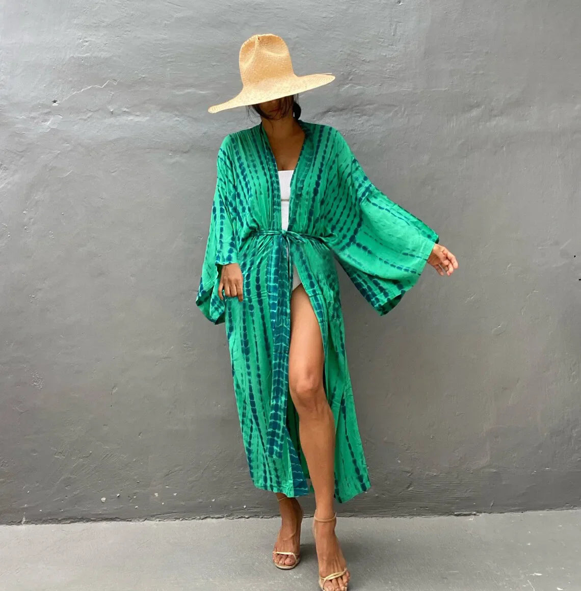 2023 Women's Boho Stripe Tie Dye Swimsuit Cover Up with Belt Tunic Sarong Cardigan Dress Bikini Cover-ups Beach Wear Kimono