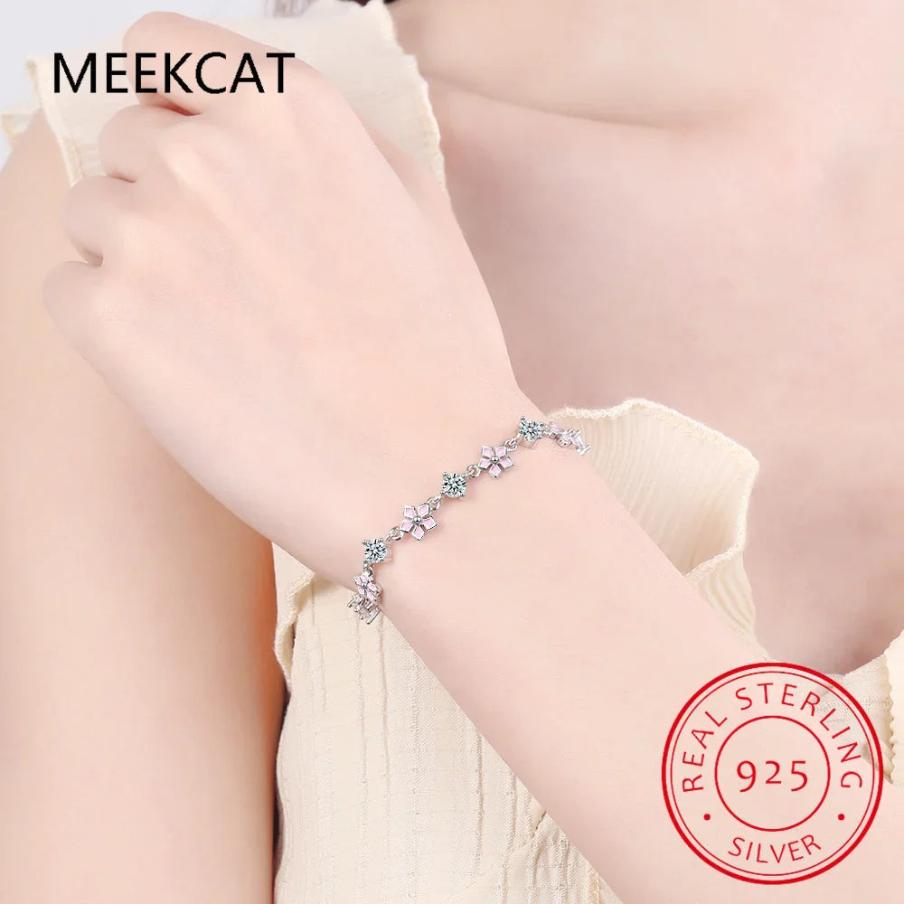 925 Sterling Silver Moissanite Gemstone Bracelet for Women Lab Diamond Pink Enamel Sakura Bracelet for Engagement Party Gift