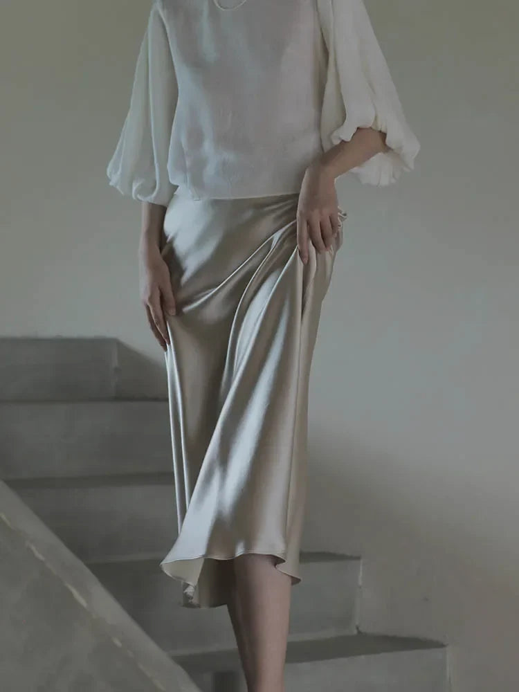 Elegant Women's Skirts Korean Fashion Satin Silk A-line Skirt Office Black Champagne Long Summer Skirts Woman Fashion 2024