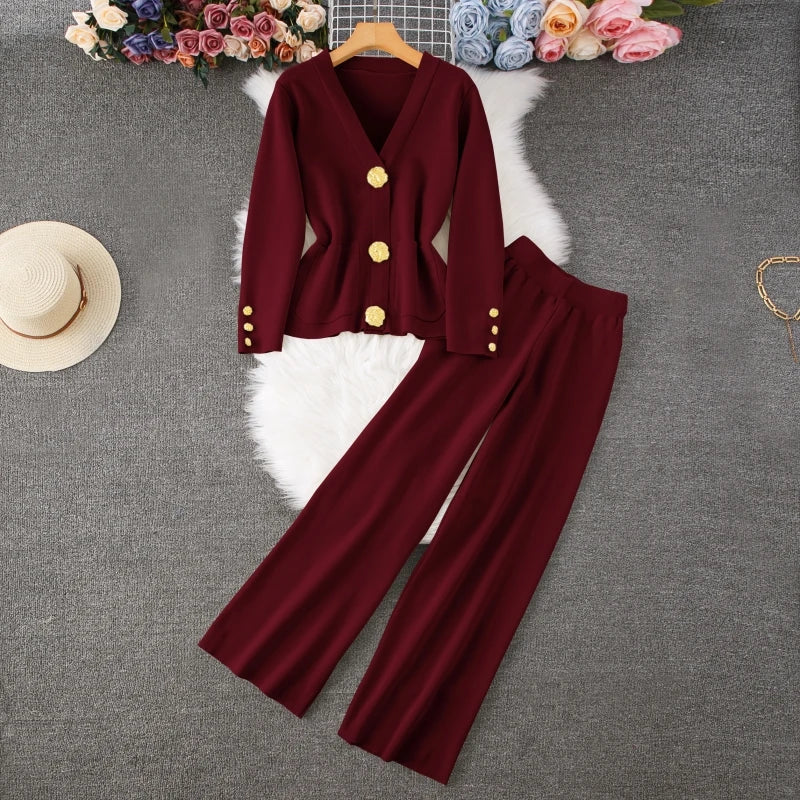 2024 Autumn Winter Knitted Set Women Casual Gold Button V-Neck Long Sleeve Sweater Cardigan Coat + Wide Leg Pants Two Piece Sets