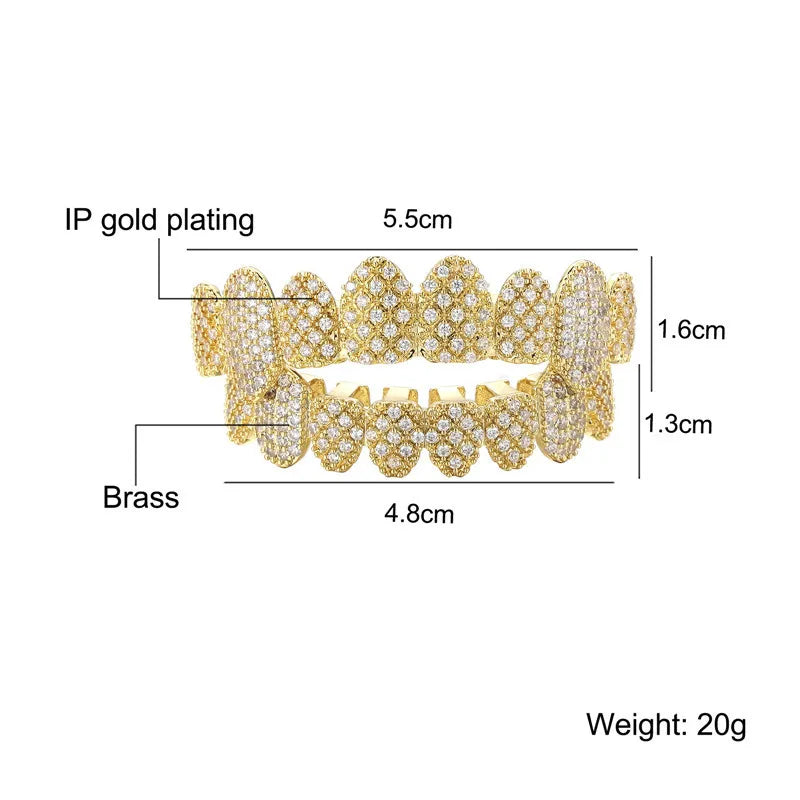 HipHop CZ Teeth Set For Unisex Top Bottom Mouth Gold Silver Color Teeth Tooth Cap Removable Dental Fashion Jewelry