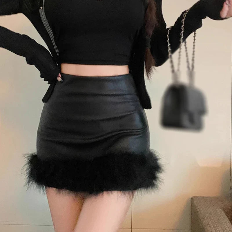 Women Sexy Bodycon Short Skirt Fur Mini Skirt Black High Waist Slim Fit Skinny Matte Faux Leather Skirts Female  Streetwear
