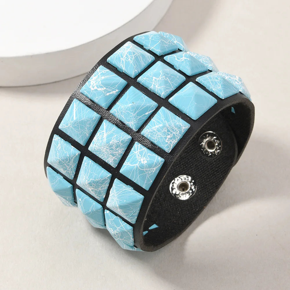 18 Color Punk Hip-Hop Three Rows of Square Rivets PU Leather Big Wide