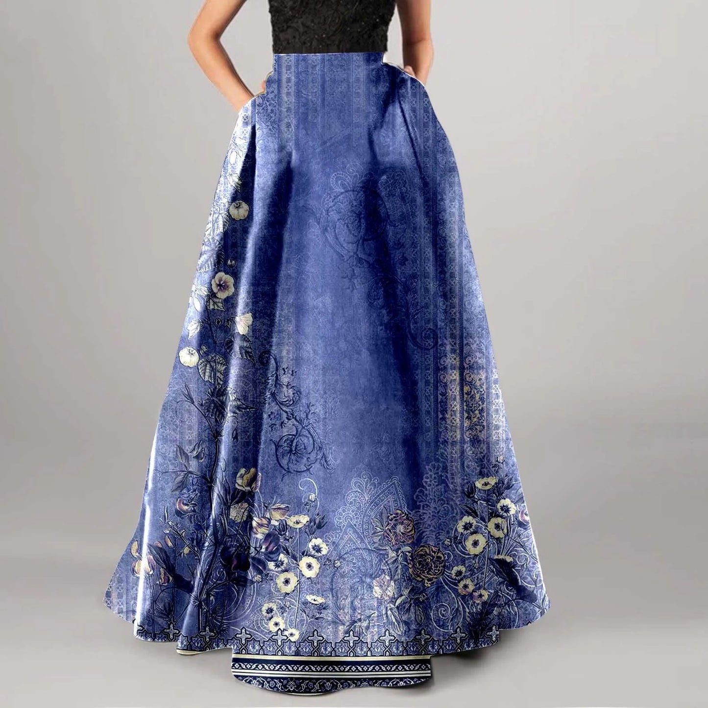 High Waist Pocket Skirts For Women Fashion Bohemian Floral Print Maxi Skirt Party Beach Long Skirt Elegant Vintage Clothing