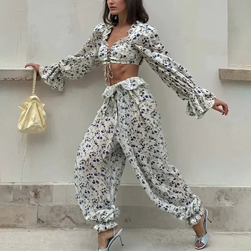 Fashion Long-sleeved Sexy Waist-baring Trousers 2-piece Set Women's Summer New Casual Simple Printed Shirt Trousers Suit Female