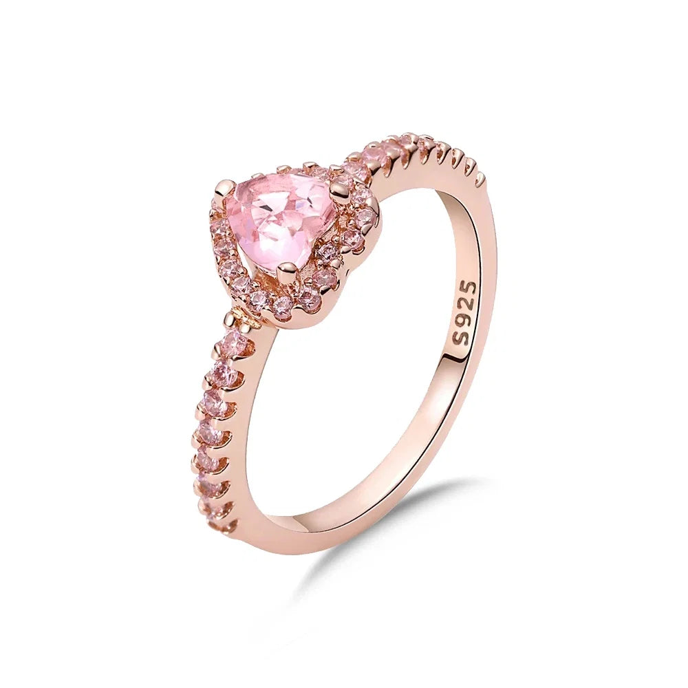 Rose Gold Plated Elegant Heart Halo Cocktail Ring Brilliant Multi Stone Fine Jewelry For Women And Teens