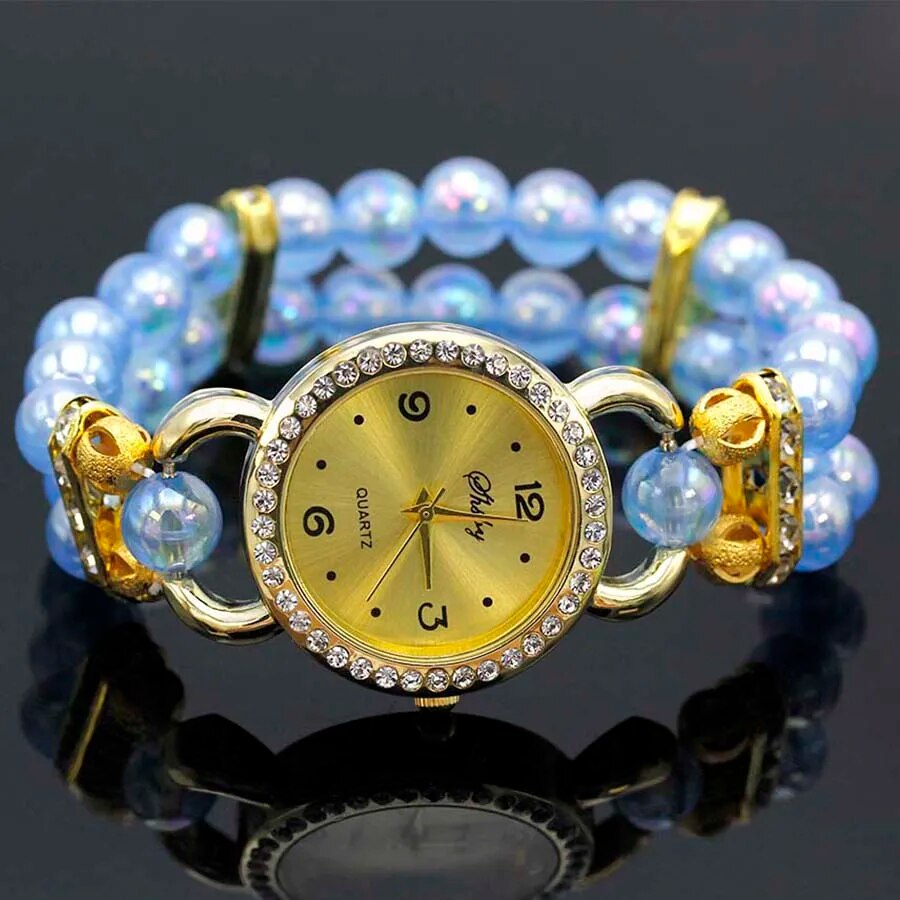 Shsby New Women's Rhinestone Quartz Analog Bracelet Wrist Watch Lady Watches With Colorful Pearls