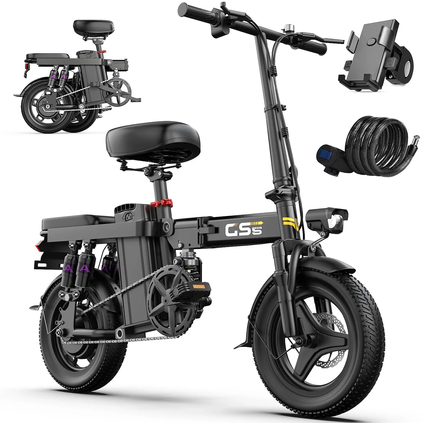 GS5 48V 15AH Battery E-Bike, 30+MPH, 740W Folding Bike,35 Miles Max Range14" Fat Tire.