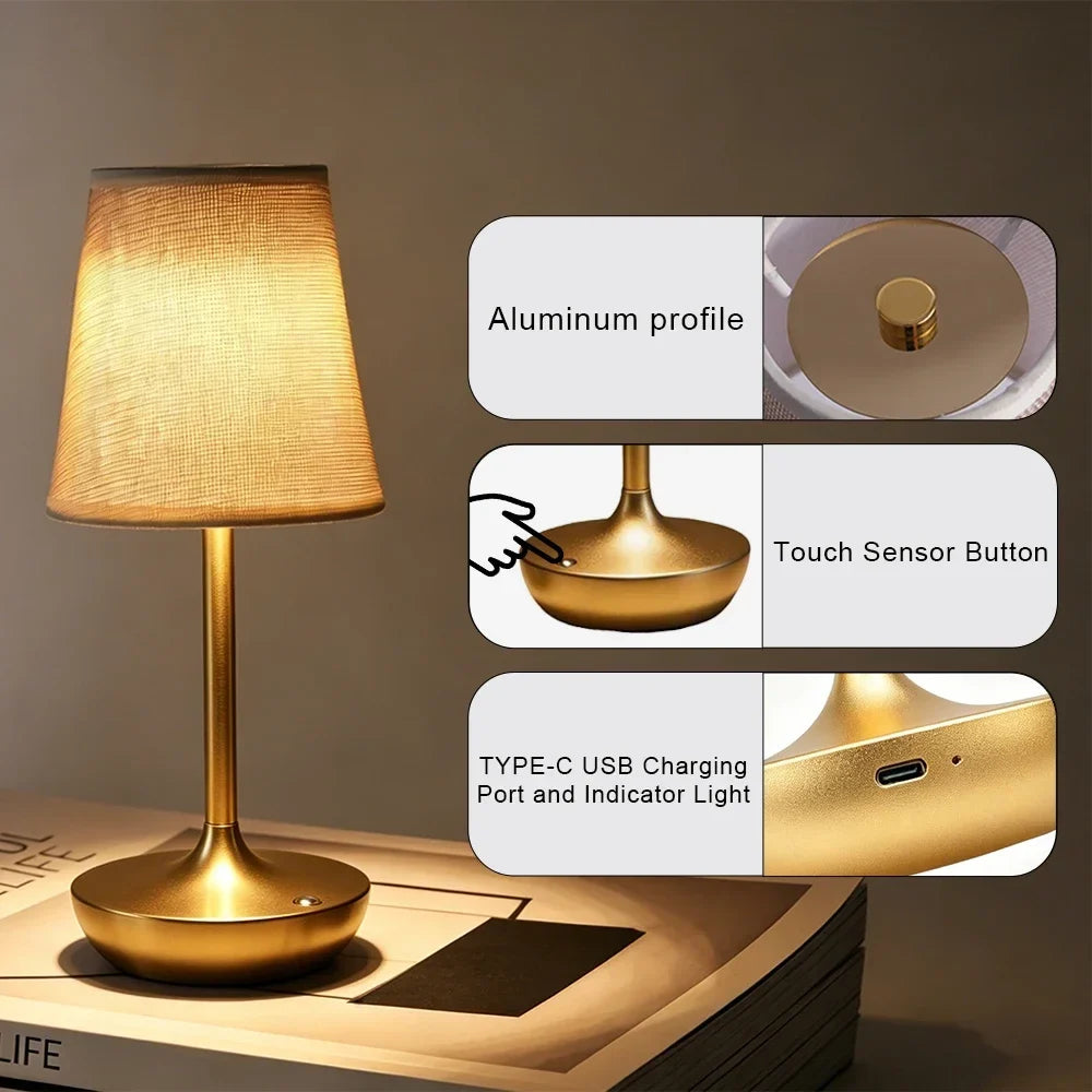 GGbingo Rechargeable LED Table Lamps Classic Desk Lamp Dimmable USB Fabric Lampshade Bedroom Bedside Desk Light Decoration