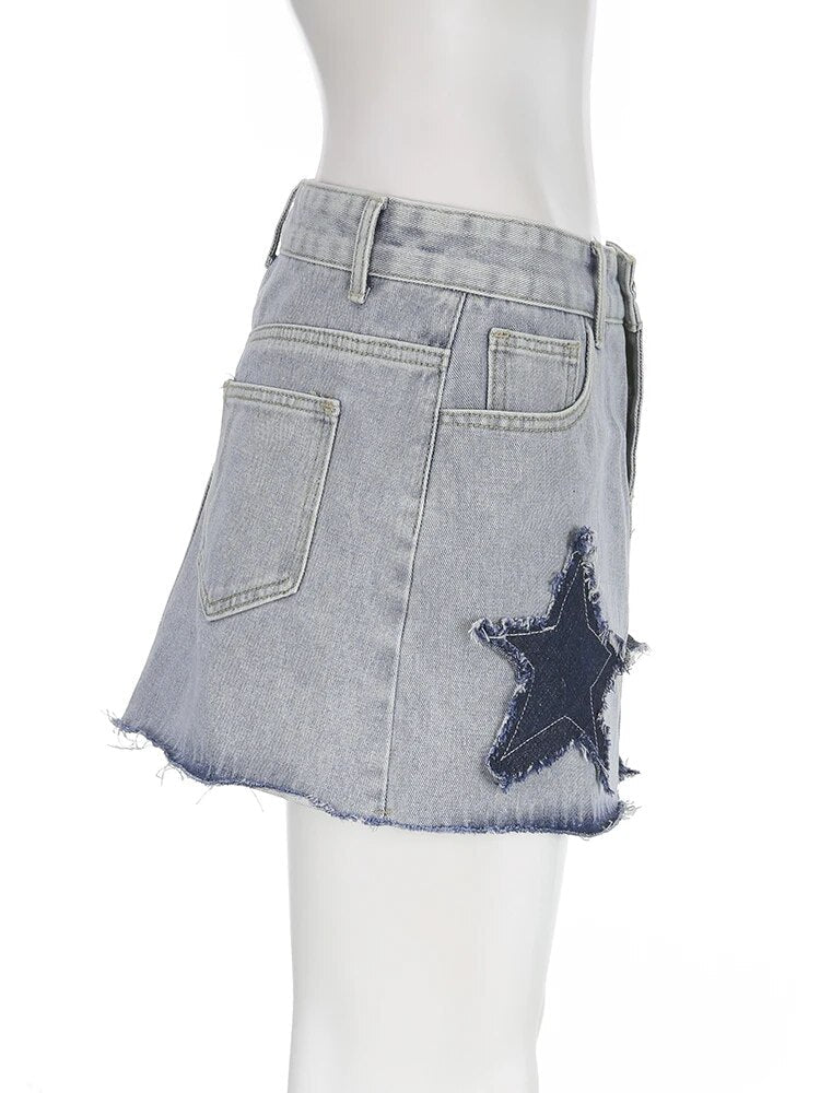 Cuteandpsycho Star Patchwork Y2K Korean Mini Skirts Casual Fashion Vintage A-line Women's Skirts Aesthetic Preppy Style Bottoms