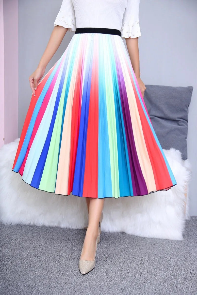 2023 Summer Women Cartoon Print Pleated Skirts A Line High Waisted Elastic Midi Long Skirt Ladies Party Korean Style Dresses
