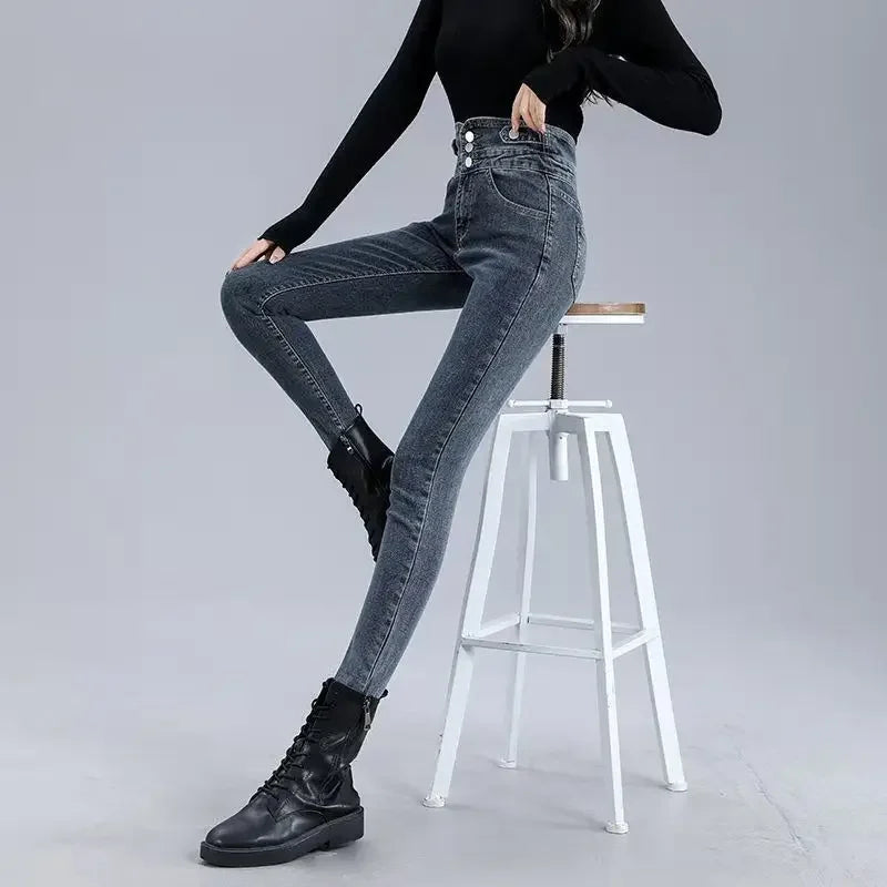 New Winter Thick Velvet Women High Waist Skinny Jeans Simple Fleece Warm Slim Fit Stretch Ladies Casual Denim Mom Pencil Pants