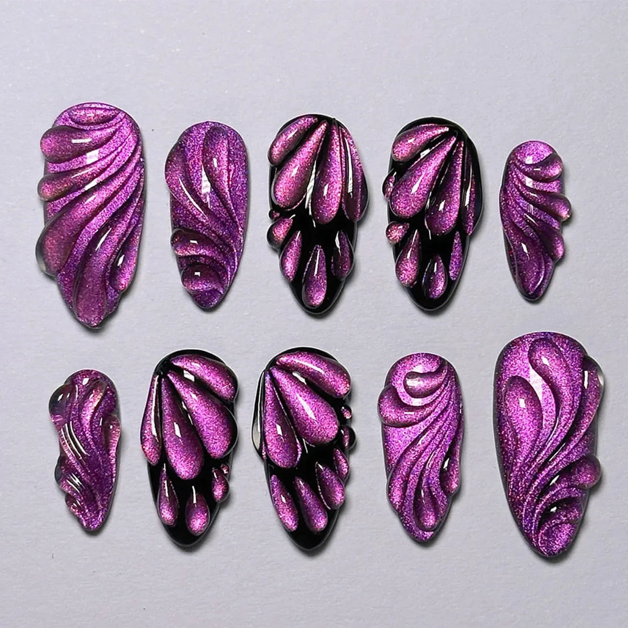 24Pcs Mid-length Almond Press on Fake Nails,3D Ripple Heart ,Pearl Star, Blue Smudge Detachable Full Cover Nails Tips.
