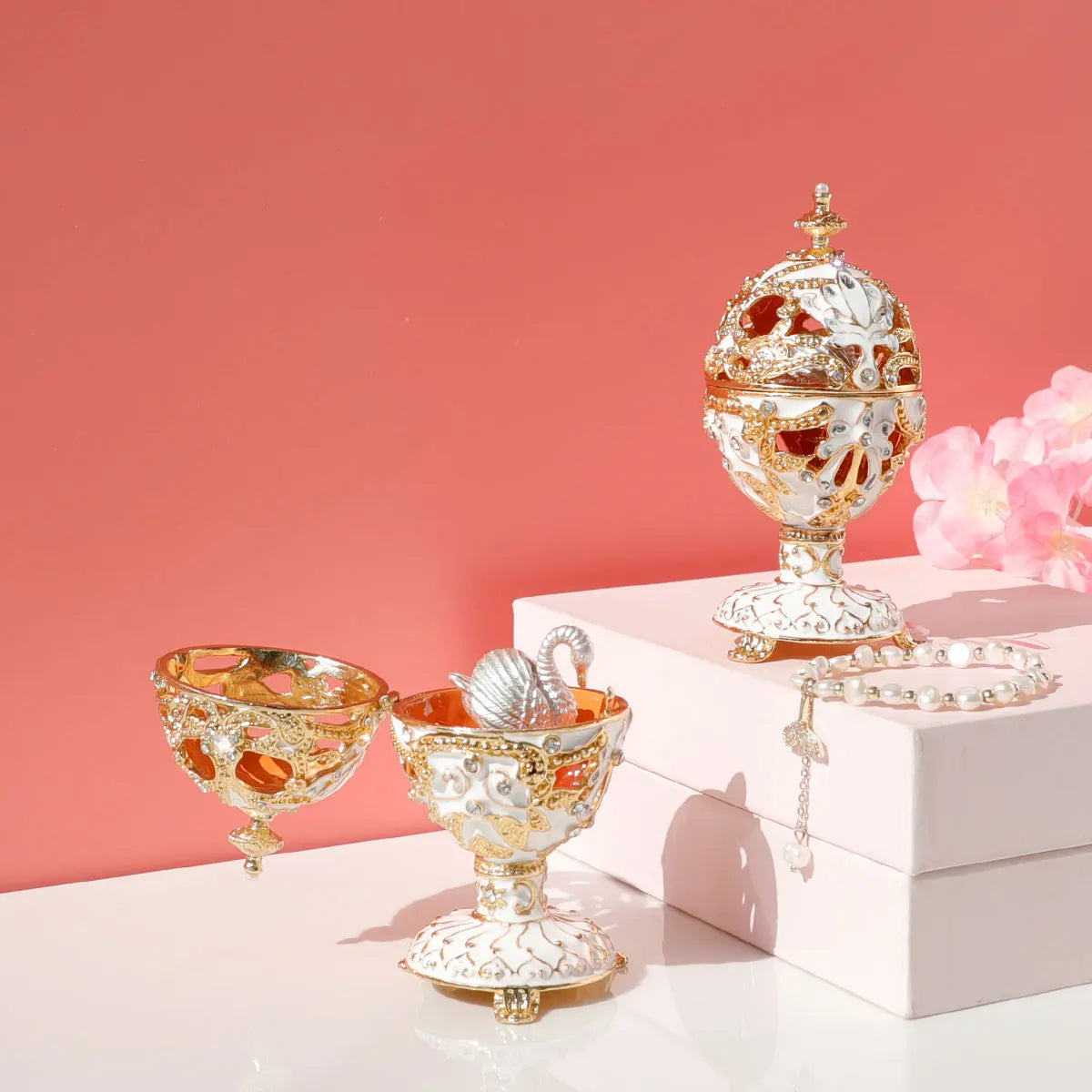 Faberge Egg Style Hand Painted Decorative Trinket Box with Hinged, Classic Ornaments Home Decor, Unique Easter Day Gift
