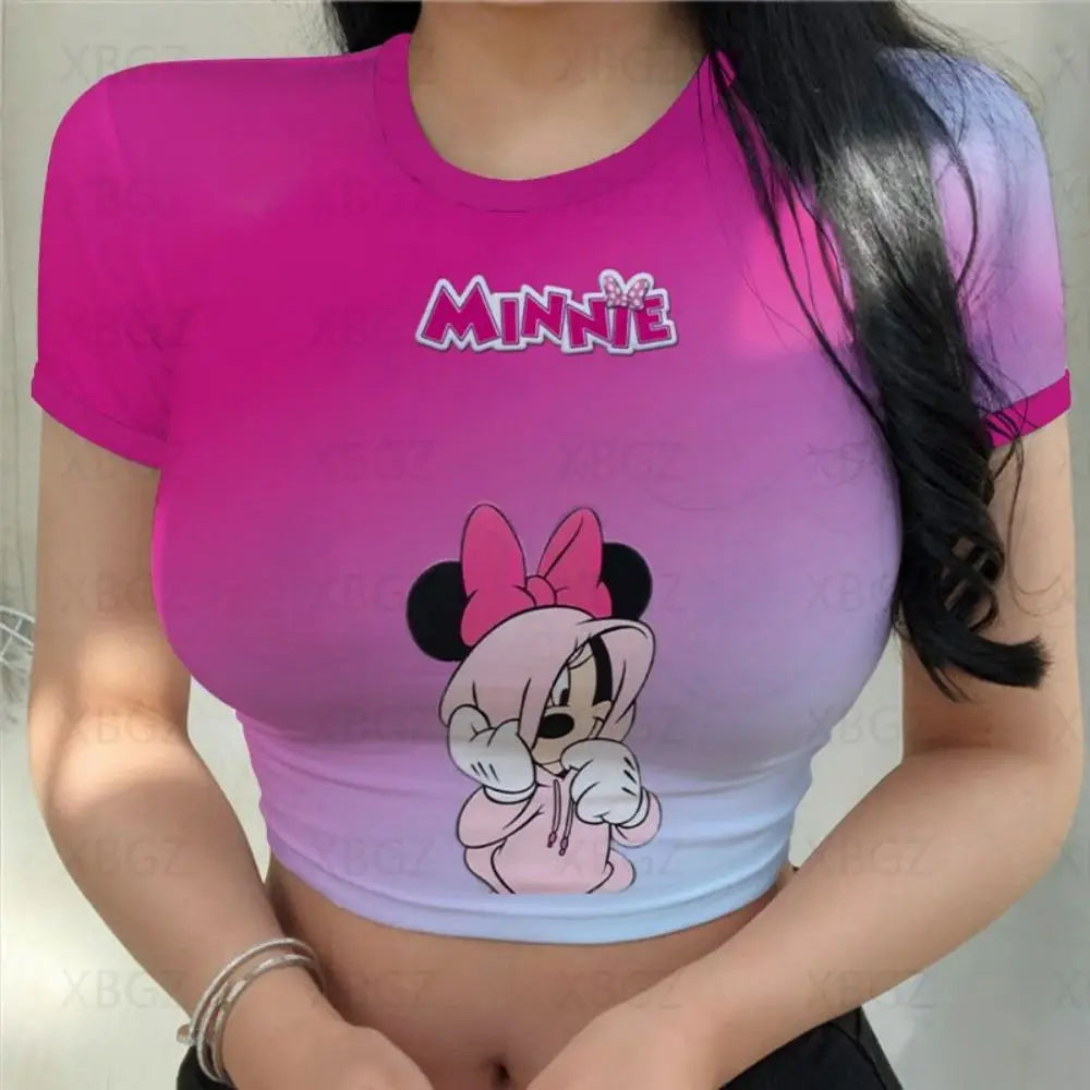 Mickey Crop Top Minnie Mouse Fashion Woman Blouses 2024 Tight Clothes Disney T-shirts Sexy Y2k Party Women's T-shirt Print Tops